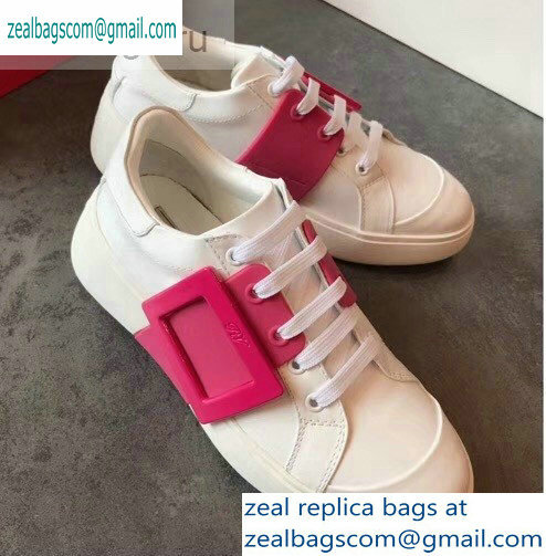 Roger Vivier Viv' Skate Lacquered Buckle Sneakers White/Fuchsia 2019