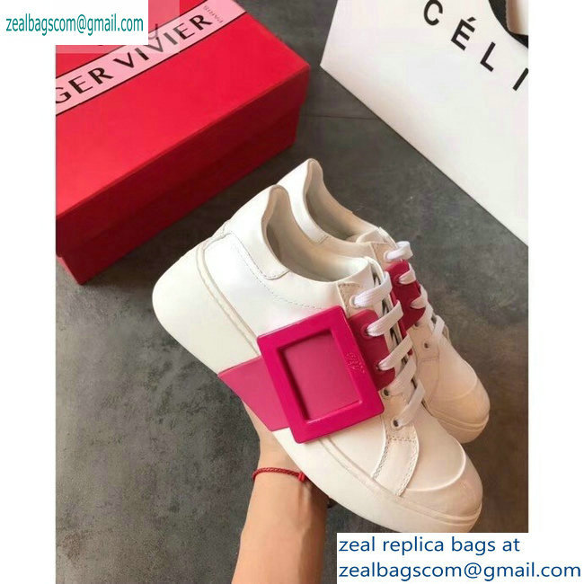 Roger Vivier Viv' Skate Lacquered Buckle Sneakers White/Fuchsia 2019 - Click Image to Close