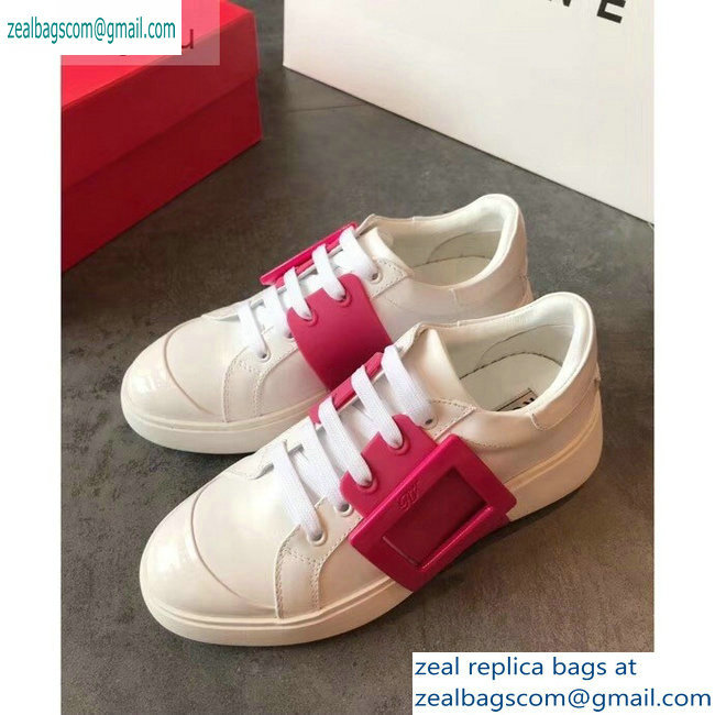 Roger Vivier Viv' Skate Lacquered Buckle Sneakers White/Fuchsia 2019