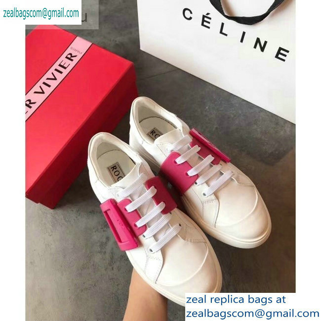 Roger Vivier Viv' Skate Lacquered Buckle Sneakers White/Fuchsia 2019