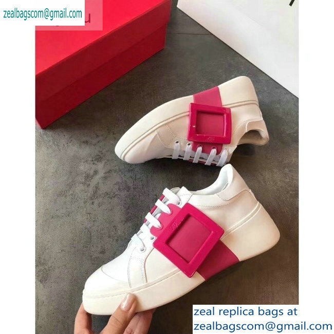 Roger Vivier Viv' Skate Lacquered Buckle Sneakers White/Fuchsia 2019