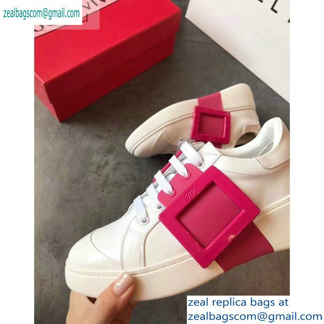 Roger Vivier Viv' Skate Lacquered Buckle Sneakers White/Fuchsia 2019 - Click Image to Close