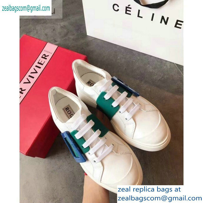 Roger Vivier Viv' Skate Lacquered Buckle Sneakers White/Green 2019