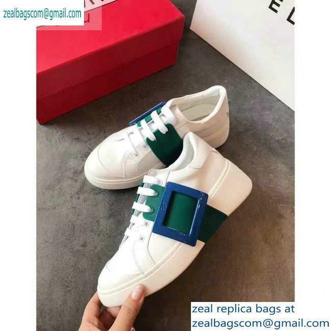 Roger Vivier Viv' Skate Lacquered Buckle Sneakers White/Green 2019