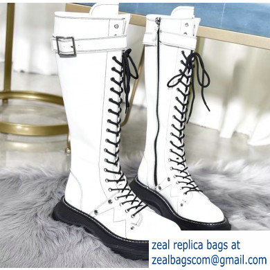 Alexander McQueen Tread Lace Up Knee High Boots Shiny White 2019