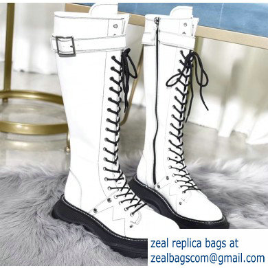 Alexander McQueen Tread Lace Up Knee High Boots Shiny White 2019 - Click Image to Close