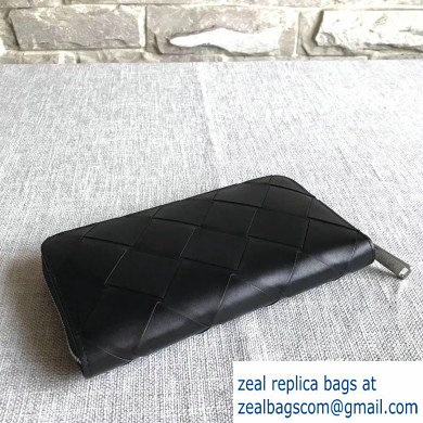 Bottega Veneta Zip Around Wallet In Intreccio Weave Black 2019 - Click Image to Close