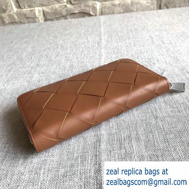 Bottega Veneta Zip Around Wallet In Intreccio Weave Brown 2019