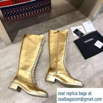 Chanel Lace-up High Boots Gold 2019