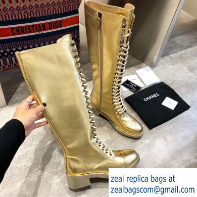 Chanel Lace-up High Boots Gold 2019