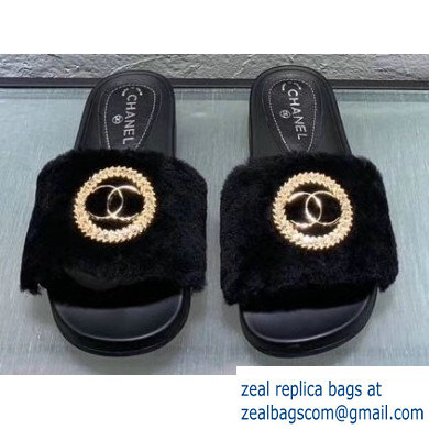 Chanel Shearling CC Logo and Circle Slipper Sandals Black 2019