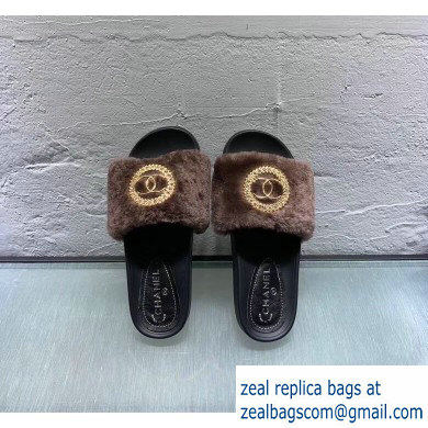 Chanel Shearling CC Logo and Circle Slipper Sandals Coffee 2019