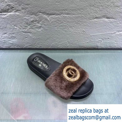Chanel Shearling CC Logo and Circle Slipper Sandals Coffee 2019