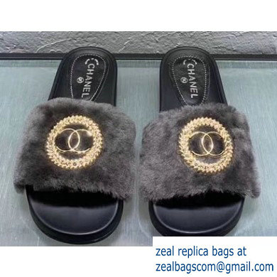 Chanel Shearling CC Logo and Circle Slipper Sandals Gray 2019
