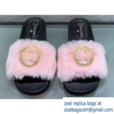 Chanel Shearling CC Logo and Circle Slipper Sandals Pink 2019