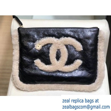 Chanel Shearling Crumpled Sheepskin Pouch Clutch Bag Black/Beige 2019