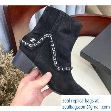 Chanel Suede Chain Block Heel 5cm Ankle Boots Black 2019