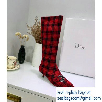 Dior Heel 3.5cm Gang High Boots in Tartan Fabric Black/Red 2019
