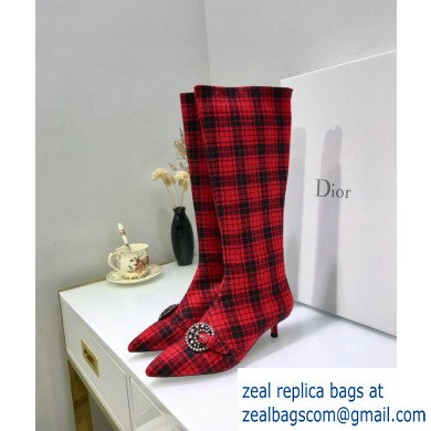 Dior Heel 3.5cm Gang High Boots in Tartan Fabric Black/Red 2019