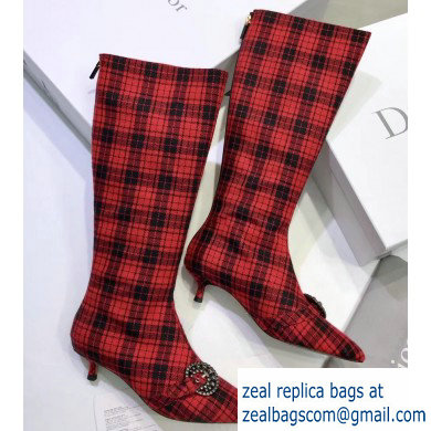 Dior Heel 3.5cm Gang High Boots in Tartan Fabric Black/Red 2019