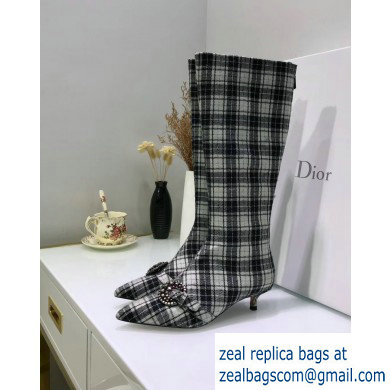 Dior Heel 3.5cm Gang High Boots in Tartan Fabric Black/White 2019