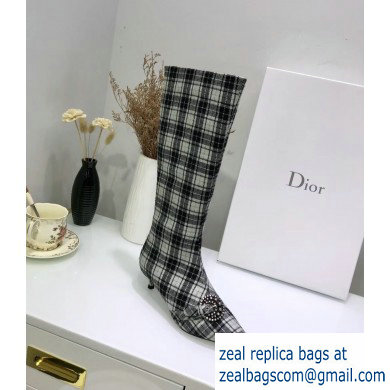 Dior Heel 3.5cm Gang High Boots in Tartan Fabric Black/White 2019