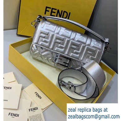 Fendi All-Over FF Motif Leather Medium Baguette Bag silver 2019