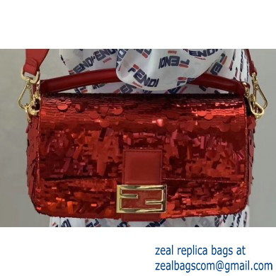 Fendi Embroidered Sequins Medium Baguette Bag Red 2019