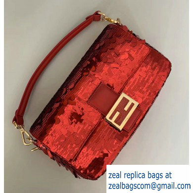 Fendi Embroidered Sequins Medium Baguette Bag Red 2019