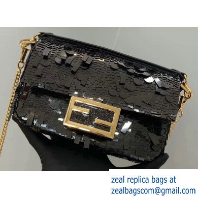 Fendi Embroidered Sequins Mini Baguette Bag Black 2019