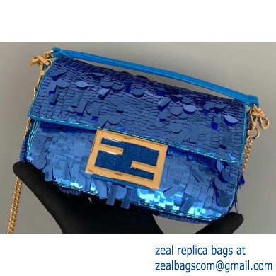 Fendi Embroidered Sequins Mini Baguette Bag Blue 2019