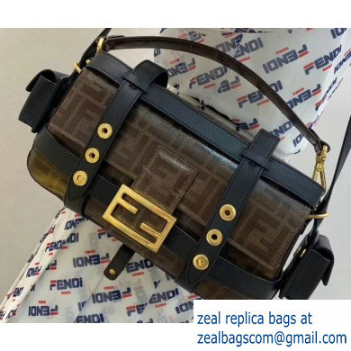 Fendi Glazed Fabric Jacquard FF Medium Baguette Bag Black with Cage 2019