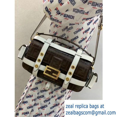 Fendi Glazed Fabric Jacquard FF Medium Baguette Bag White with Cage 2019