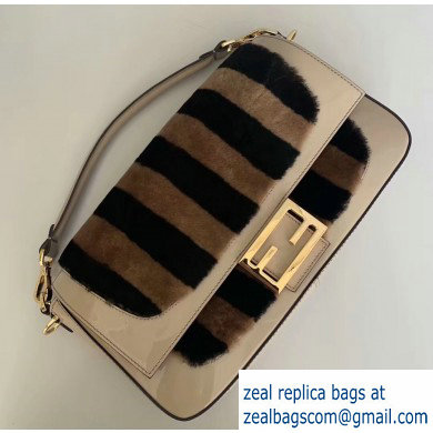 Fendi Pequin-striped Sheepskin and Patent Leather Large Baguette Bag Beige 2019 - Click Image to Close