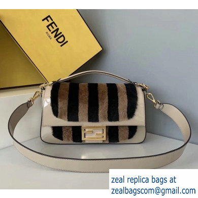 Fendi Pequin-striped Sheepskin and Patent Leather Large Baguette Bag Beige 2019