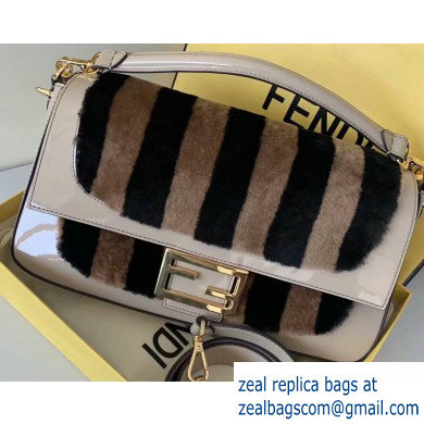 Fendi Pequin-striped Sheepskin and Patent Leather Large Baguette Bag Beige 2019