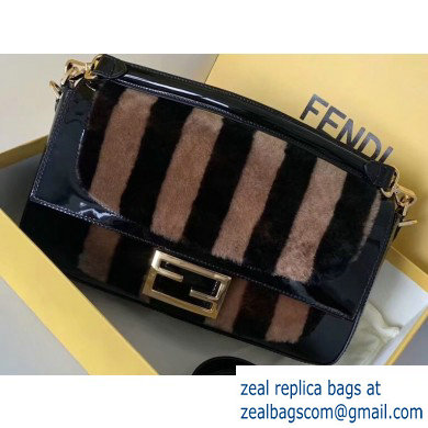 Fendi Pequin-striped Sheepskin and Patent Leather Large Baguette Bag Black 2019