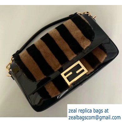 Fendi Pequin-striped Sheepskin and Patent Leather Large Baguette Bag Black 2019