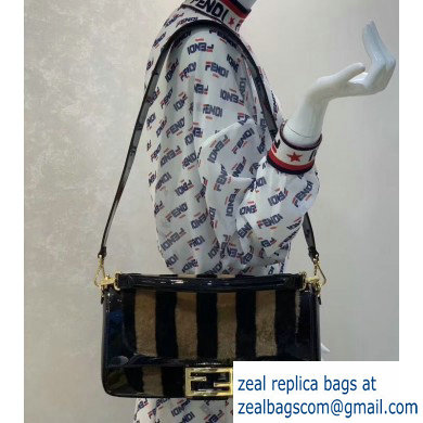 Fendi Pequin-striped Sheepskin and Patent Leather Large Baguette Bag Black 2019