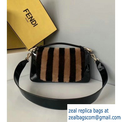 Fendi Pequin-striped Sheepskin and Patent Leather Large Baguette Bag Black 2019