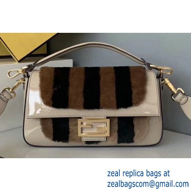 Fendi Pequin-striped Sheepskin and Patent Leather Medium Baguette Bag Beige 2019