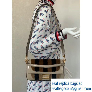 Fendi Pequin-striped Sheepskin and Patent Leather Medium Baguette Bag Beige 2019
