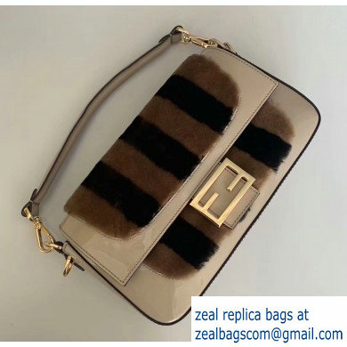 Fendi Pequin-striped Sheepskin and Patent Leather Medium Baguette Bag Beige 2019