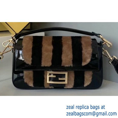 Fendi Pequin-striped Sheepskin and Patent Leather Medium Baguette Bag Black 2019