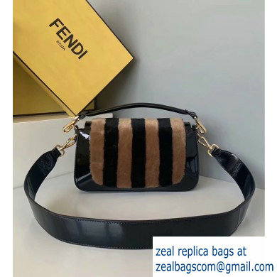 Fendi Pequin-striped Sheepskin and Patent Leather Medium Baguette Bag Black 2019