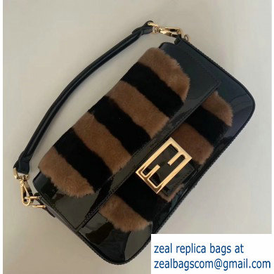 Fendi Pequin-striped Sheepskin and Patent Leather Medium Baguette Bag Black 2019