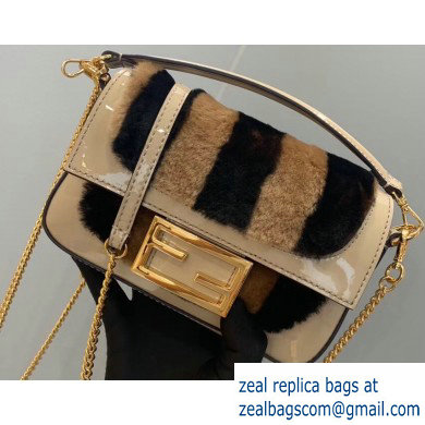 Fendi Pequin-striped Sheepskin and Patent Leather Mini Baguette Bag Beige 2019