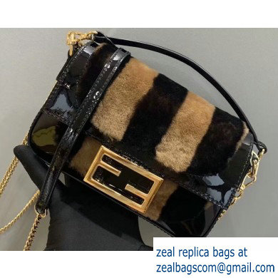 Fendi Pequin-striped Sheepskin and Patent Leather Mini Baguette Bag Black 2019