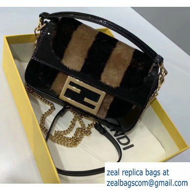 Fendi Pequin-striped Sheepskin and Patent Leather Mini Baguette Bag Black 2019