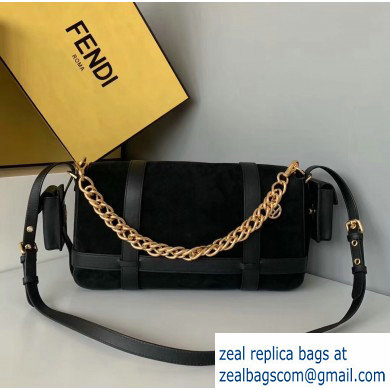 Fendi Suede Large Baguette Bag Black with Cage 2019